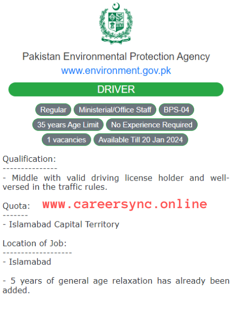 Driver Jobs in Islamabad 2024 Apply For Pakistan Environmental Protection Agency