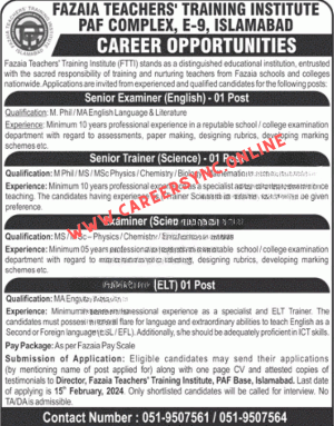Fazaia Teachers Training Institute PAF Jobs in 2024 Apply Online Now