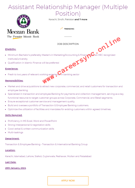 Meezan Bank Latest Jobs in Faisalabad 2024 Apply Online Today