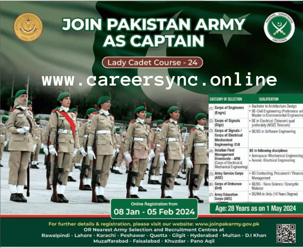 Pakistan Army Jobs 2024 Apply Online Lady Cadet Course 24