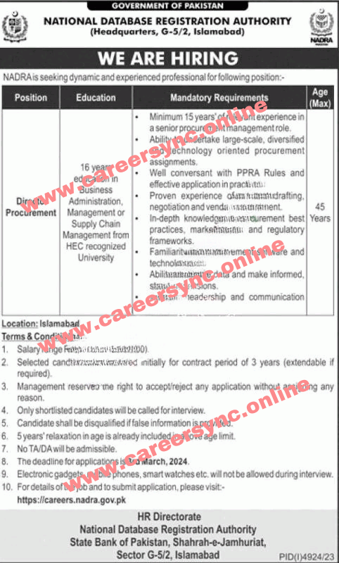 NADRA Director Procurement Jobs in Islamabad in 2024 Apply Online Now